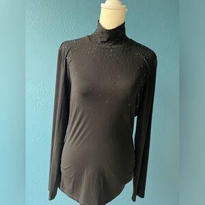 St. John Black Mock Neck Rhinestone Top